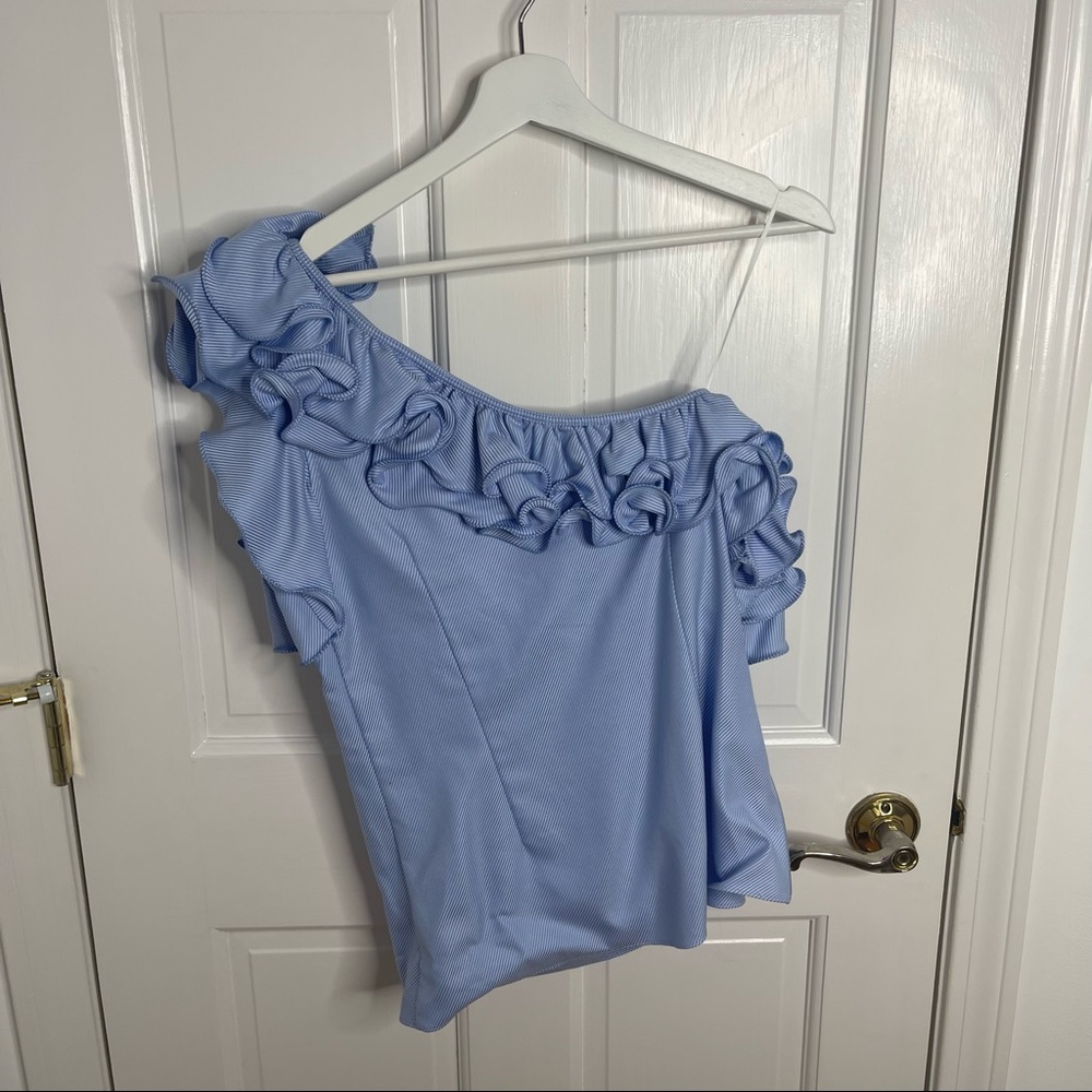 Petersyn Arabella Ruffled One Shoulder Light Blue & White Stripe Blouse Top - Picture 10 of 10
